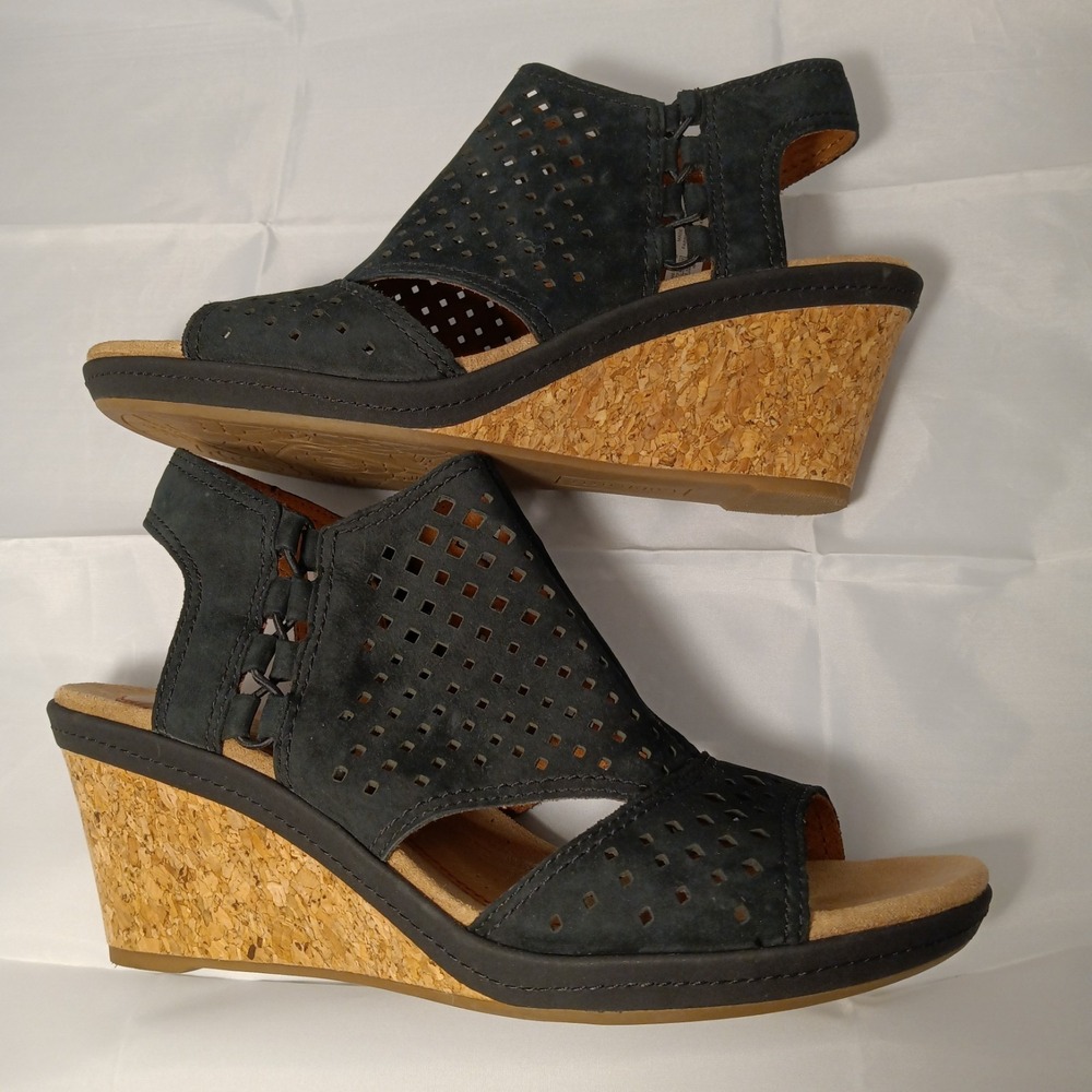 Cobb Hill Women's Janna Perf Black Suede Nubuck Slingback Wedges Size 9
